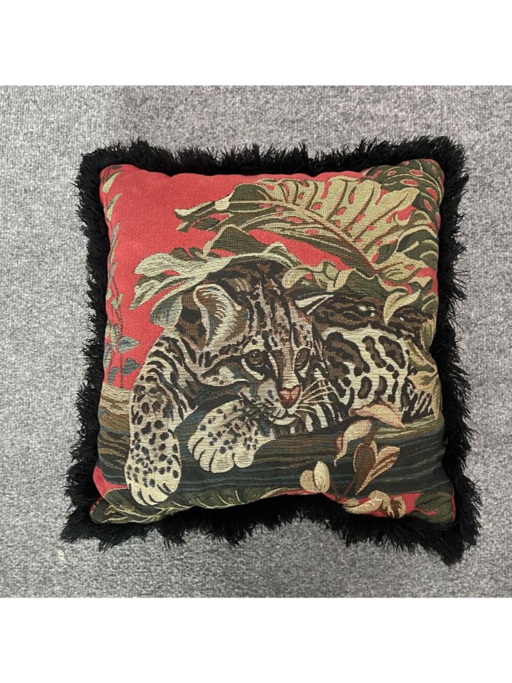 Vintage Leopard Tapestry Fringe Trim Double Sided Throw Pillow - Picture 2 of 3